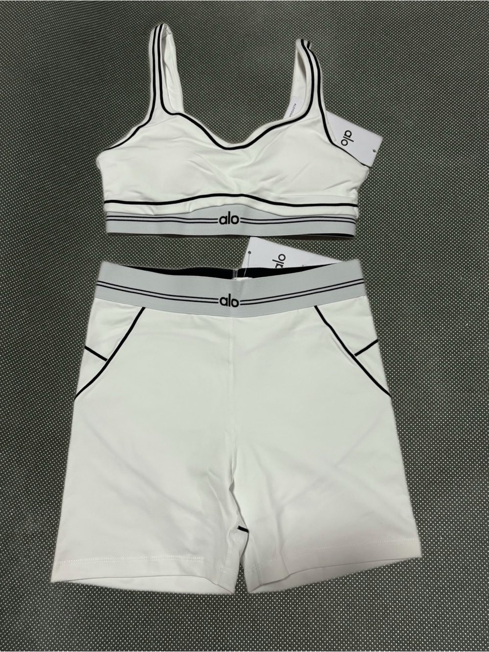 ALO Yoga White Sports Bra and Bike Short Set with Black Trim